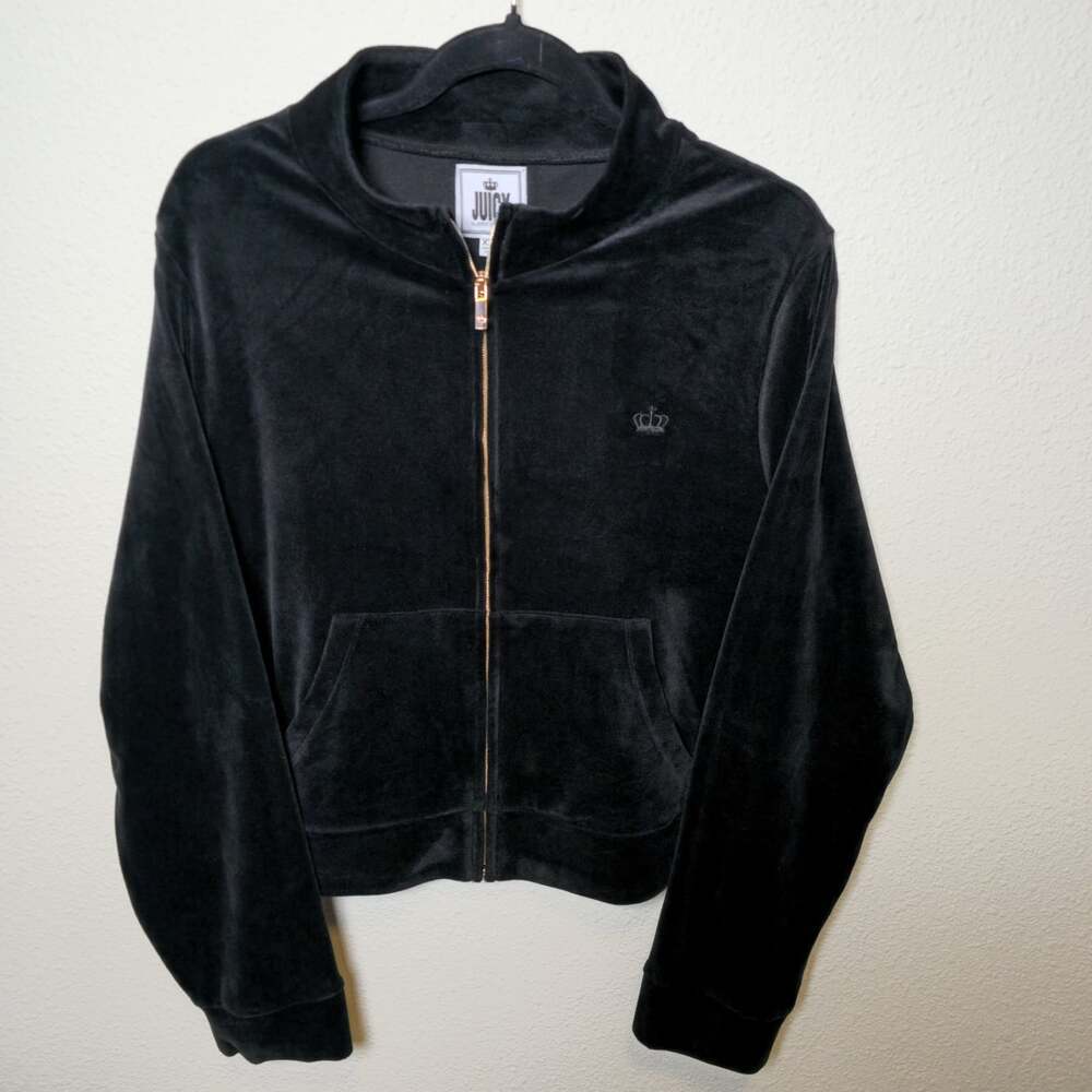 Y2K Juicy Couture Black Velour Zip Hoodie XXL Cropped Rhinestone Logo